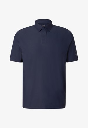 Donkerblauw poloshirt met korte mouwen, een klassieke kraag en drie knopen op de knoopsluiting.