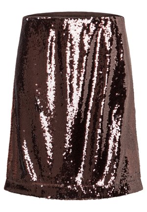 Bronzen paillettenrok met een rechte, nauwsluitende vorm, een gladde tailleband en een glanzende textuur die licht weerkaatst.