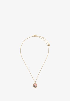 Goldkette mit ovalem Anhänger, der ein florales Design aufweist. Der Anhänger hat einen dekorativen Rand und eine glänzende Oberfläche. Längenverstellbar.