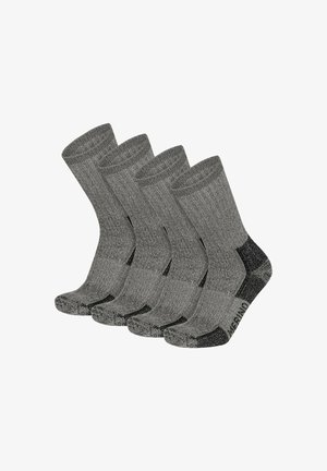 Satz von vier dunkelgrauen Socken aus strukturiertem Stoff, mit verstärkten Fersen und Zehen sowie kontrastierenden schwarzen Akzenten.