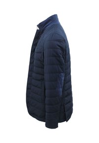 Giacca trapuntata blu navy con collo alla coreana, dotata di tasche laterali e pannelli in tessuto a contrasto sulle spalle e sulle maniche.