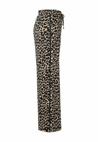 Leopardenmuster-Hosen aus einem weichen beigefarbenen und schwarzen Stoff, mit einem elastischen Bund, einem Kordelzug und einem geraden Schnitt.