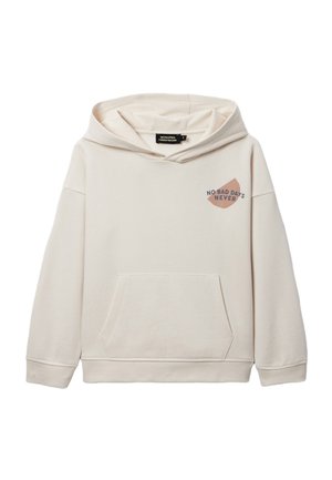 Sweat-shirt à capuche beige avec poche avant et texte « NO BAD DAYS NEVER » à l'intérieur d'une forme abstraite rose sur la partie supérieure gauche de la poitrine.