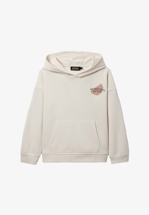 Sweat-shirt à capuche beige avec poche avant et texte « NO BAD DAYS NEVER » à l'intérieur d'une forme abstraite rose sur la partie supérieure gauche de la poitrine.
