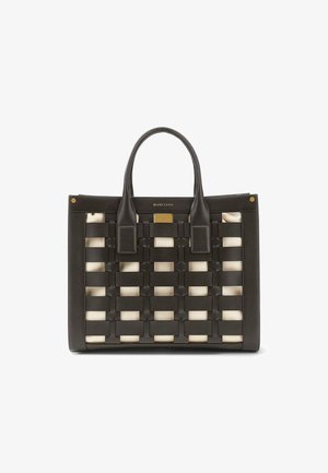 Schwarze Leder-Shopper-Tasche mit geflochtenen Trägern und beigem Stofffutter, doppelten Griffen und goldener Markenplakette "MARCANO" auf der Vorderseite.