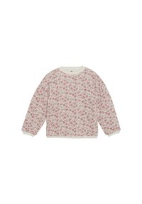 Lättviktig, långärmad sweatshirt i ljusrosa med blommönster. Har ribbad krage och ärmslut, med krämfärgade detaljer vid fåll och ärmar.
