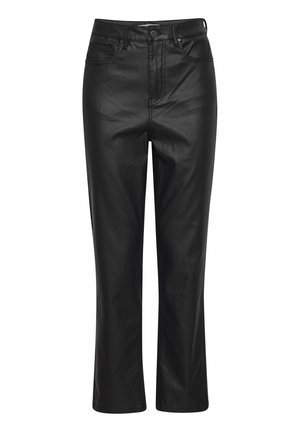 Mustad faux nahast püksid sirge jala disainiga, viie tasku stiiliga ja nööbiga sulgemine. Sujuv tekstuur ja stiilne välimus.