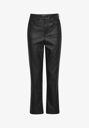 Mustad faux nahast püksid sirge jala disainiga, viie tasku stiiliga ja nööbiga sulgemine. Sujuv tekstuur ja stiilne välimus.