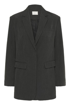 Dark gray single-breasted blazer with notch lapels, two flap pockets, a chest welt pocket, and a black interior lining.