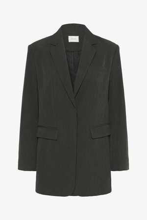 Mørkegrå ensfarget blazer med notklapp, to klafflommer, en brystlomme og svart innerfôr.