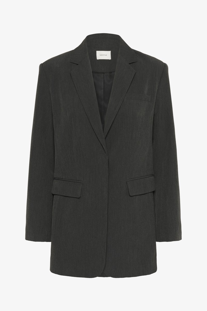 Musta harmaa yksirivinen bleiseri, jossa on siistit läpät, kaksi läpälokeroa, rintatasku ja musta vuorikangas.