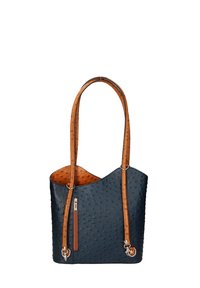 Sac fourre-tout en cuir bleu marine avec une surface texturée, anses en cuir beige et une poche zippée sur le côté. Deux poignées supérieures, design ouvert.