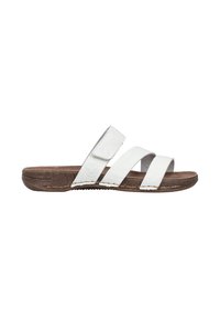 Witte leren slip-on sandalen met drie brede banden, een gestructureerde bruine kurken zool en een logo detail aan de zijkant.