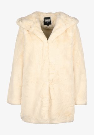 Cream faux fur coat with a hood, featuring a relaxed fit, long sleeves, and a hidden front closure for minimal lines. Soft texture.