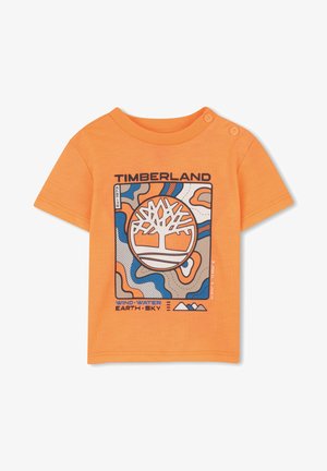 Oranje peuter T-shirt met Timberland-boomlogo, abstract ontwerp in aardetinten en tekst "Wind Water Earth Sky" op de voorkant, twee drukknoopjes op de schouder.
