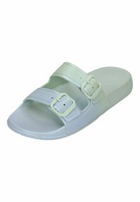 Witte plastic slip-on sandaal met twee verstelbare banden met gespen, een textuur oppervlak en een vlakke zool. Glad afgewerkt overal.