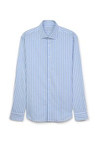 Chemise à manches longues rayée bleu clair et blanche, fabriquée à partir d'un tissu lisse, avec un col classique et une fermeture à boutons sur le devant.