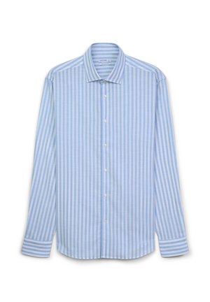 Hellblau-weiß gestreiftes Langarmhemd aus glattem Stoff, mit klassischem Kragen und Knopfleiste.