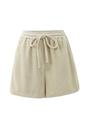 Beige Fleece-Shorts mit elastischem Bund und Kordelzug, einem weichen Material und einer entspannten Passform, geschnitten bis zur Mitte des Oberschenkels.