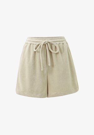 Beige fleece shorts with an elastic waistband and drawstring, featuring a soft texture and a relaxed fit, cut to mid-thigh length.