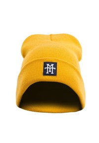 Yellow knitted beanie with ribbed texture; features a navy patch with white logo on the front. Simple, slouchy design.