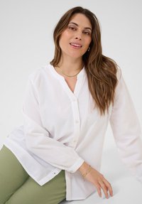 Femme avec de longs cheveux bruns portant une blouse blanche à boutons, un collier en or, un bracelet et un pantalon vert, posant devant un fond gris clair.