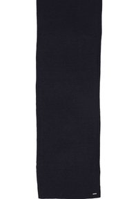 Navy knit scarf with a rectangular shape, textured fabric, and subtle logo detail at the bottom corner. Suitable for various outfits.