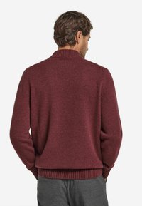 Burgunderfarbener Strickpullover mit geripptem Kragen und Saum. Weiche Textur, taillierte Silhouette und kontrastierender Farbton entlang des Randes. Rückansicht gezeigt.