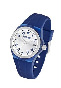 Reloj de silicona azul con una esfera plateada, que presenta números árabes y romanos, una pantalla de fecha y una corona de acero inoxidable.
