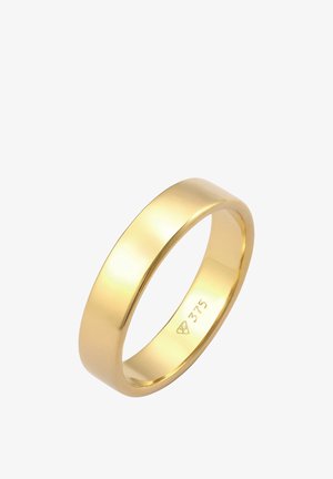 Goldene Eheringe, glatte und glänzende Oberfläche, abgerundete Form, mit "375" für Goldreinheit gekennzeichnet, ohne zusätzliche Verzierungen.