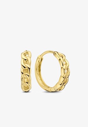 Goldene Creolen mit geflochtenem Design. Glatte Textur, runde Form, ausgestattet mit einem sicheren Verschluss für einfachen Tragekomfort.