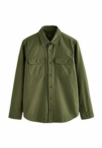 Olive green button-up shirt made of cotton, featuring two chest pockets, a classic collar, and a straight cut with long sleeves.