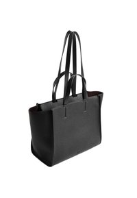Sorte læder tote taske med en tekstureret overflade, dobbelte sorte stropper og et minimalistisk design. Åben top med en kontrastfyldt brun indvendig.