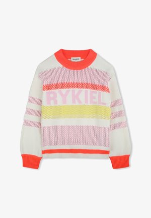 Pull en tricot avec une base blanche, présentant de larges rayures en rose, jaune et orange. Texte "RYKIEL" affiché au centre en rose clair.