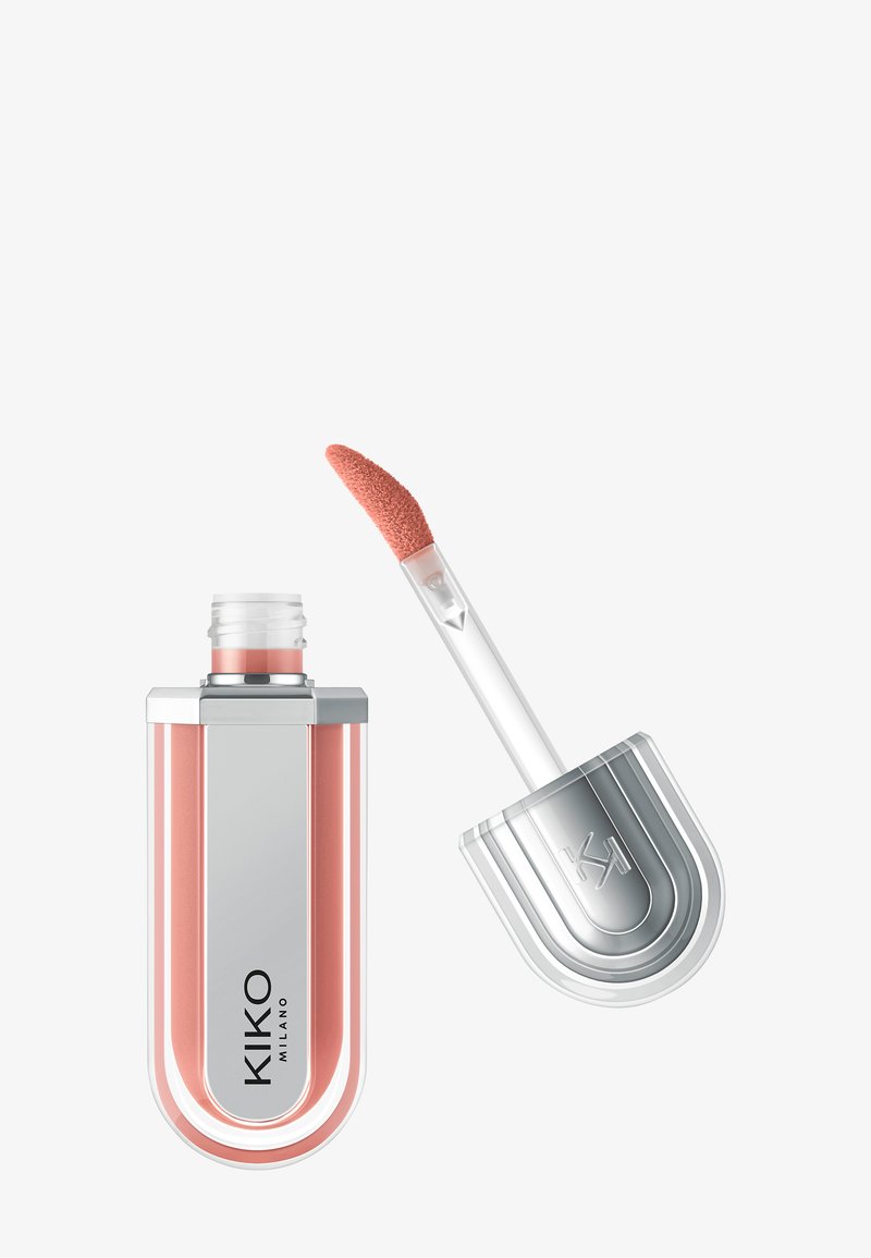 Lip gloss container and applicator with peach-colored gloss, silver accents, and KIKO MILANO branding on the container.