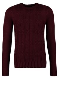 Pull en maille bordeaux foncé à manches longues avec motif torsadé, poignets, ourlet et col rond côtelés.