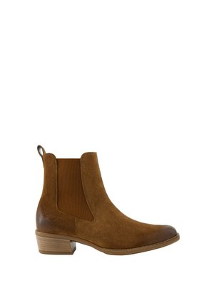 Brown suede ankle boot with low stacked wooden heel and elastic side panel, pull tab at heel, pointed toe design.