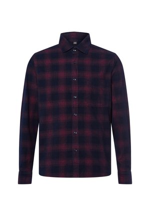 Camicia a maniche lunghe a scacchi in navy e bordeaux. Dotata di colletto button-down, taschino frontale e bottoni a contrasto. Tessuto morbido.