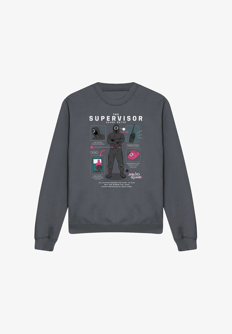 Gray sweatshirt featuring a central graphic of a hooded figure labeled "SUPERVISOR" and icons related to the "Squid Game" theme.