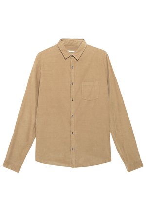 Camisa de pana marrón con cuello abotonado, mangas largas, bolsillo en el pecho y botones plateados; textura suave y diseño estructurado.