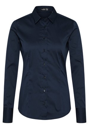 Dunkelblaues Button-down-Hemd mit Kragen, langen Ärmeln, glatter Textur und schwarzen Knöpfen entlang der Vorderseite. Maßgeschneiderte Passform mit leicht gewelltem Saum.