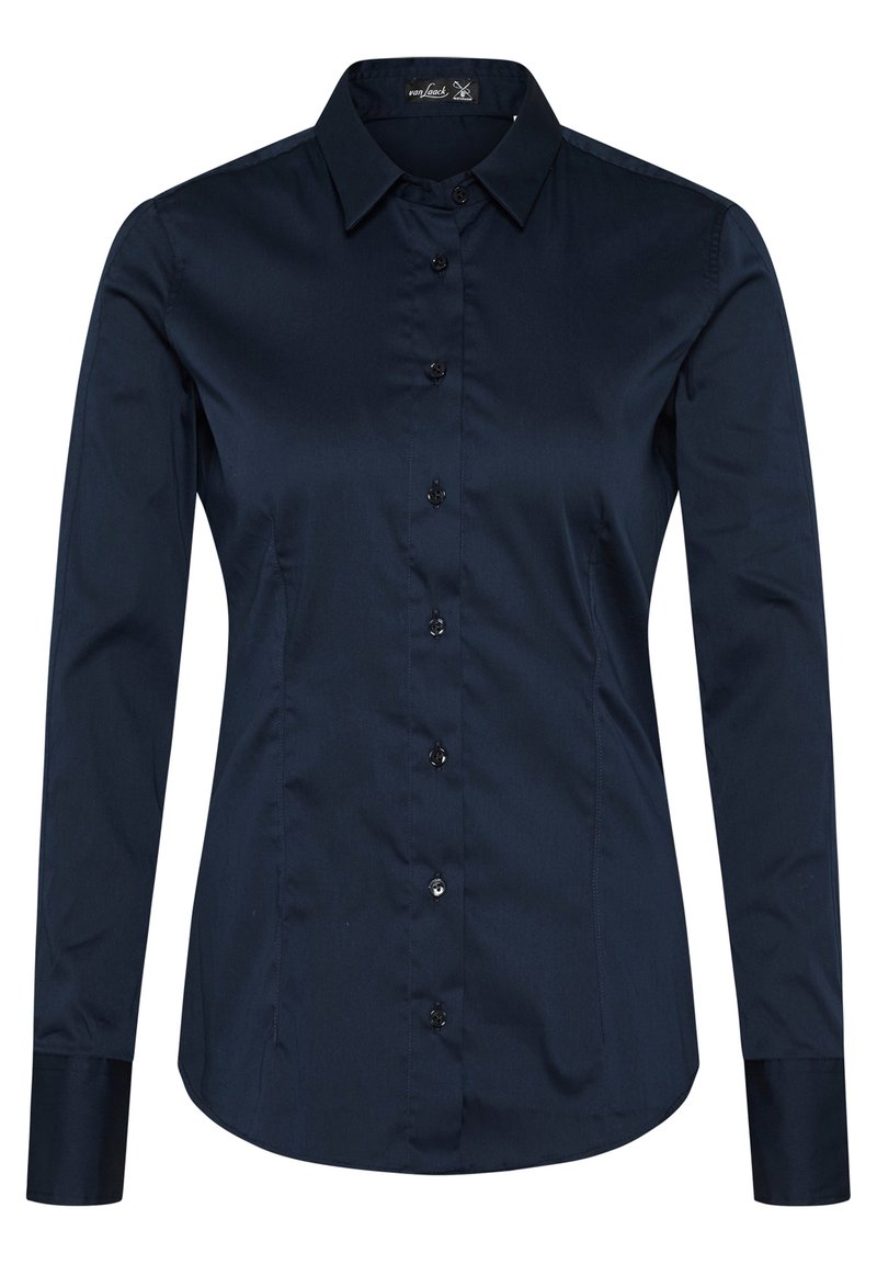 Navy blue button-up shirt with a collar, long sleeves, smooth texture, and black buttons along the front. Tailored fit with slight curve bottom.