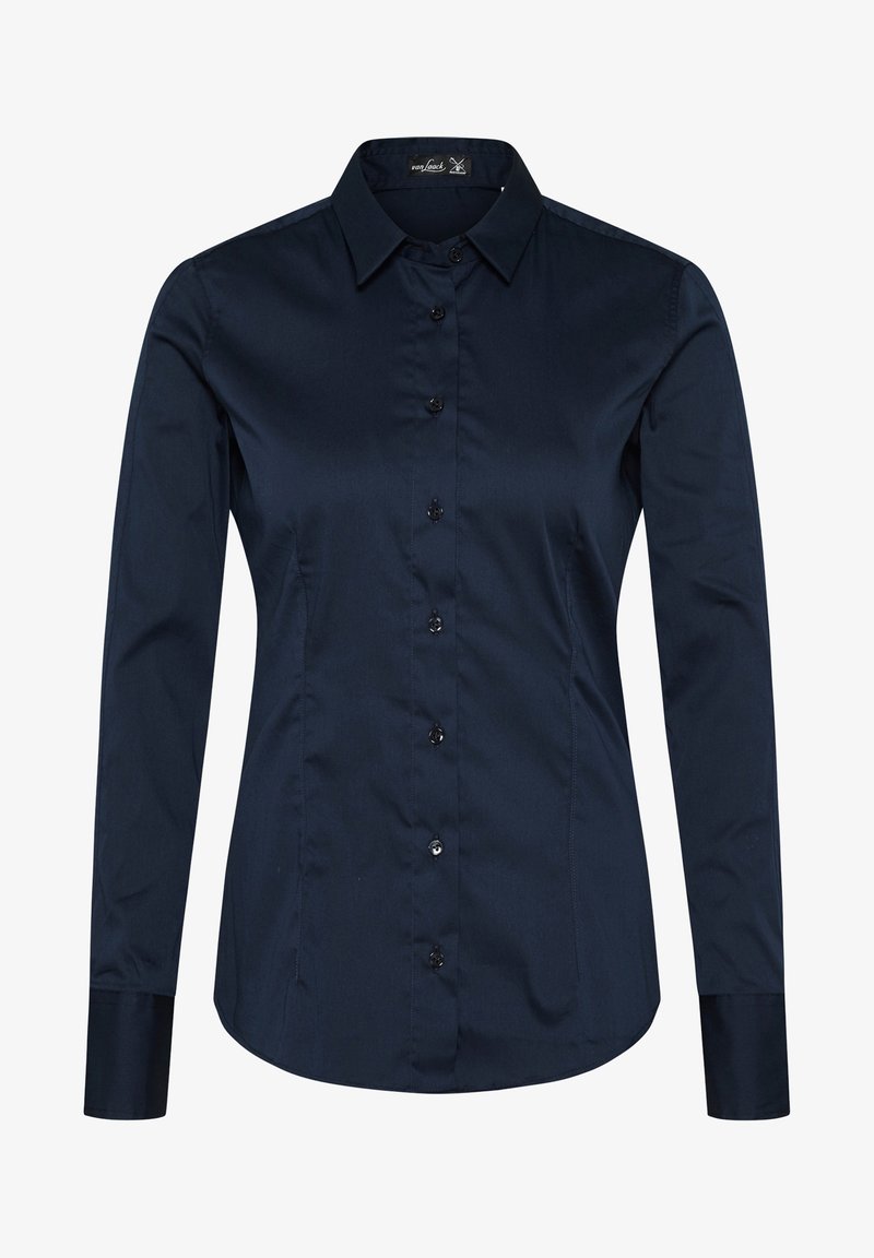 Navy blue button-up shirt with a collar, long sleeves, smooth texture, and black buttons along the front. Tailored fit with slight curve bottom.
