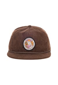 Brun kordfløjskasket med et rundt, flerfarvet Quiksilver-patch, der viser en solnedgang og et vandfald samt teksten "Ødelæg ikke det, du kom for at nyde."