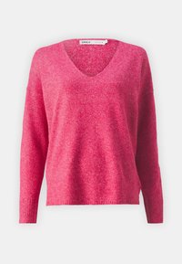 Suéter de punto en color rosa melange con escote en V y mangas largas. Corte relajado con puños y dobladillo de canalé, con aberturas laterales para mayor libertad de movimiento.