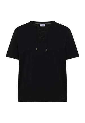 Chemise noire à manches courtes avec un col rond et une petite découpe en V à l'avant avec des cordons de serrage ajustables.