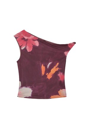 Haut asymétrique en violet foncé avec des motifs floraux rouges et oranges. Tissu doux au toucher lisse et design ajusté.