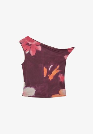 Ein schulterfreies Top in dunkellila mit roten und orangefarbenen Blumenmustern. Weicher Stoff mit glatter Textur und tailliertem Design.