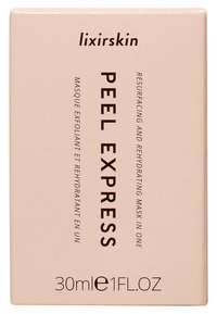 Roze doos voor skincare product gelabeld "Peel Express," met zwarte tekst. Bevat volumevermelding en beschrijvingen in het Engels en het Frans.