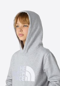 Hanorac gri cu buzunar cangur în față, glugă cu șnur și logo mare alb cu un design curbat al unui munte. Material moale și texturat.